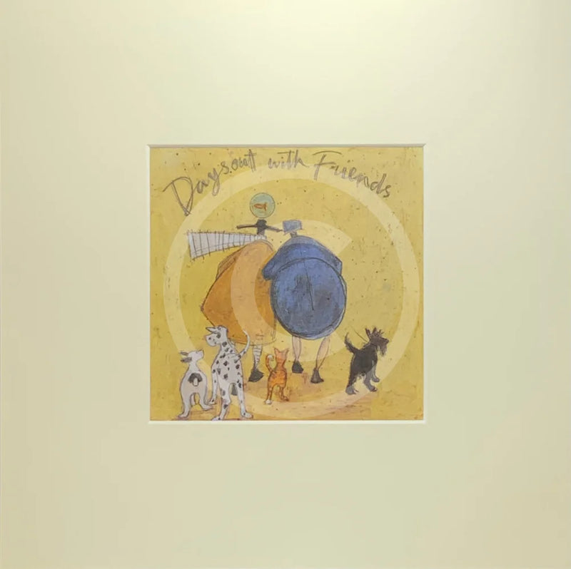Meet the Mustards: Days Out With Friends by Sam Toft, mounted miniature print. A fun picture of a couple linking arms going for a walk with an entourage or animals. 