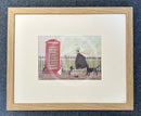 Meet the Mustards: Dialling Out for More Pizza by Sam Toft, mounted miniature print. A man heads towards a red telephone box with a group of dogs and cats with a goldfish bowl balanced on his head. Framed in Oak