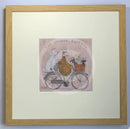 Meet the Mustards: The Doodle Express by Sam Toft, mounted miniature print. A fun picture a man called Mr Mustard taking his entourage of poodles (Doodles) on a bicycle ride. Framed in oak.