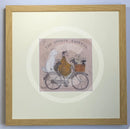 Meet the Mustards: The Doodle Express by Sam Toft, mounted miniature print. A fun picture a man called Mr Mustard taking his entourage of poodles (Doodles) on a bicycle ride. Framed in oak.
