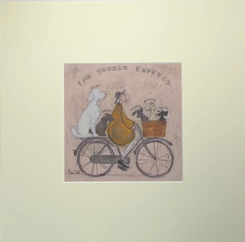 Meet the Mustards: The Doodle Express by Sam Toft, mounted miniature print. A fun picture a man called Mr Mustard taking his entourage of poodles (Doodles) on a bicycle ride.