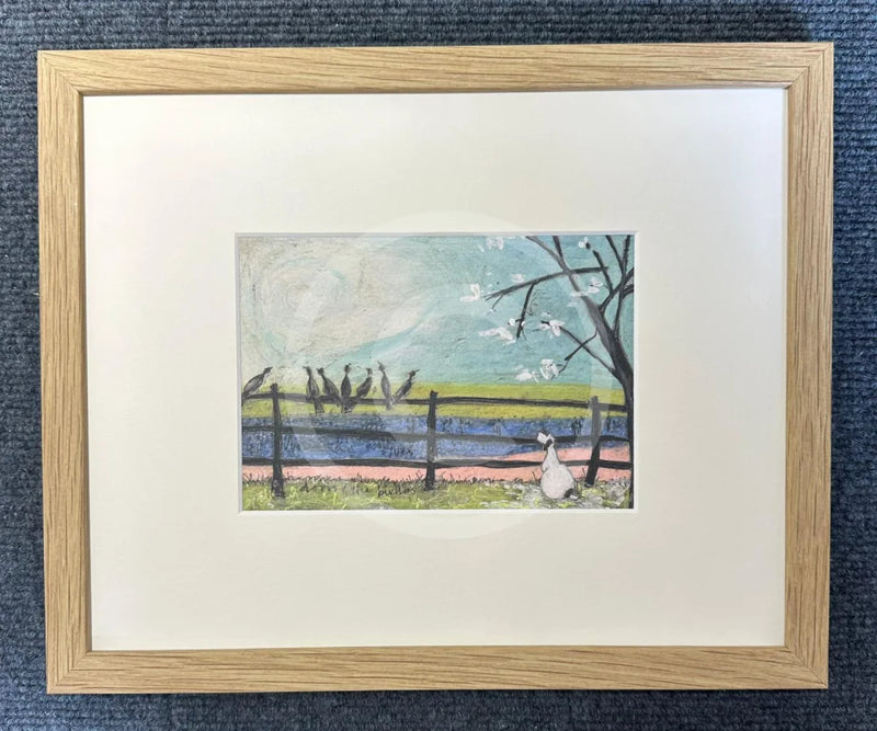 Meet the Mustards: Doris and the Birdies by Sam Toft, mounted miniature print. A black and white dog sits watching a flock of blackbirds singing on a fence. Framed in Oak