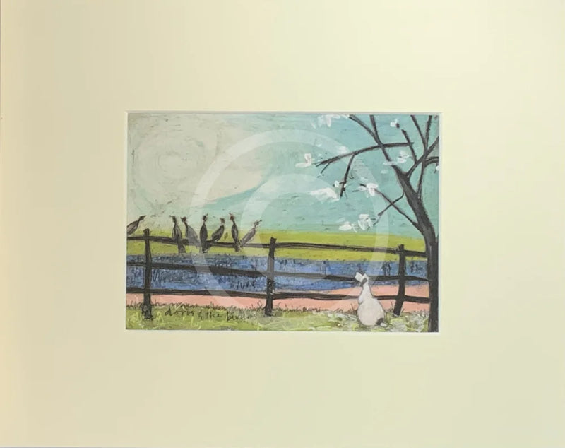 Meet the Mustards: Doris and the Birdies by Sam Toft, mounted miniature print. A black and white dog sits watching a flock of blackbirds singing on a fence.