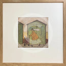 Meet the Mustards: Driving Miss Doris by Sam Toft, mounted miniature print. A fun picture of a man taking his dog Dorris for a walk in her doggy pram past a row of green beach huts. Framed in oak.