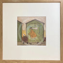 Meet the Mustards: Driving Miss Doris by Sam Toft, mounted miniature print. A fun picture of a man taking his dog Dorris for a walk in her doggy pram past a row of green beach huts. Framed in oak.