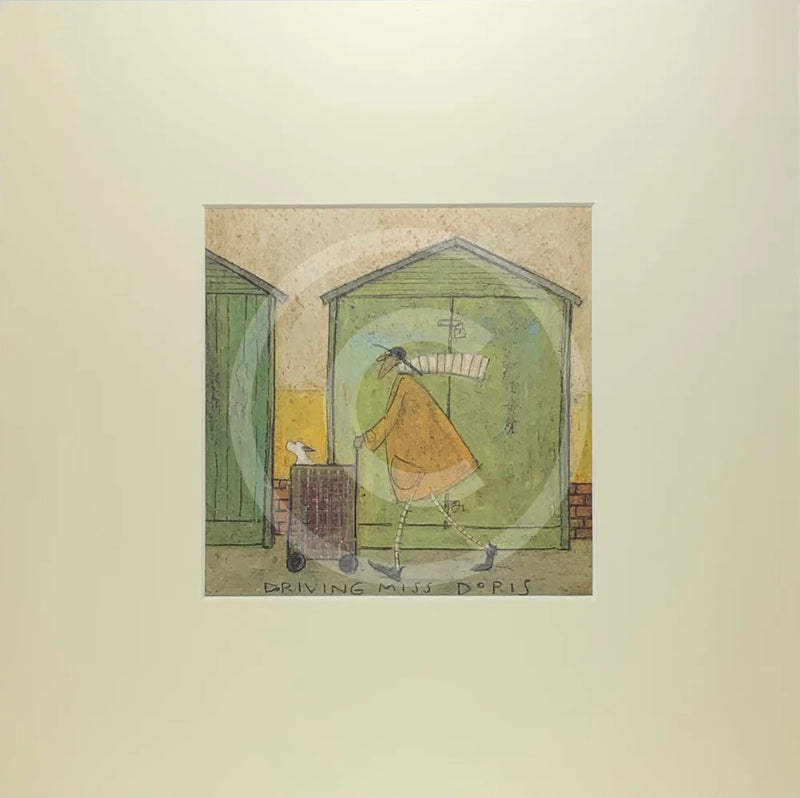 Meet the Mustards: Driving Miss Doris by Sam Toft, mounted miniature print. A fun picture of a man taking his dog Dorris for a walk in her doggy pram past a row of green beach huts. 