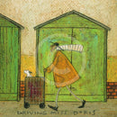 Meet the Mustards: Driving Miss Doris by Sam Toft, mounted miniature print. A fun picture of a man taking his dog Dorris for a walk in her doggy pram past a row of green beach huts. 
