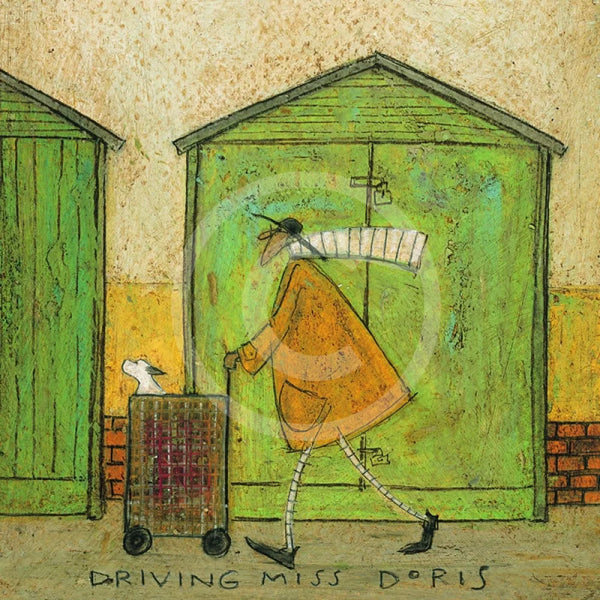 Meet the Mustards: Driving Miss Doris by Sam Toft, mounted miniature print. A fun picture of a man taking his dog Dorris for a walk in her doggy pram past a row of green beach huts. 