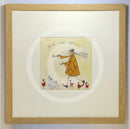 Meet the Mustards: Egg and Spoon by Sam Toft, mounted miniature print. A fun picture of a man having an egg and spoon race whilst four hens nervously keep watch with a black a white dog keeping a watchful eye too. Framed in oak.