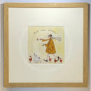 Meet the Mustards: Egg and Spoon by Sam Toft, mounted miniature print. A fun picture of a man having an egg and spoon race whilst four hens nervously keep watch with a black a white dog keeping a watchful eye too. Framed in oak.
