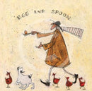 Meet the Mustards: Egg and Spoon by Sam Toft, mounted miniature print. A fun picture of a man having an egg and spoon race whilst four hens nervously keep watch with a black a white dog keeping a watchful eye too. 