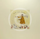 Meet the Mustards: Egg and Spoon by Sam Toft, mounted miniature print. A fun picture of a man having an egg and spoon race whilst four hens nervously keep watch with a black a white dog keeping a watchful eye too. 
