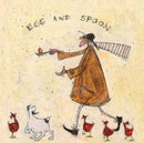 Meet the Mustards: Egg and Spoon by Sam Toft, mounted miniature print. A fun picture of a man having an egg and spoon race whilst four hens nervously keep watch with a black a white dog keeping a watchful eye too. 
