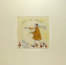 Meet the Mustards: Egg and Spoon by Sam Toft, mounted miniature print. A fun picture of a man having an egg and spoon race whilst four hens nervously keep watch with a black a white dog keeping a watchful eye too. 
