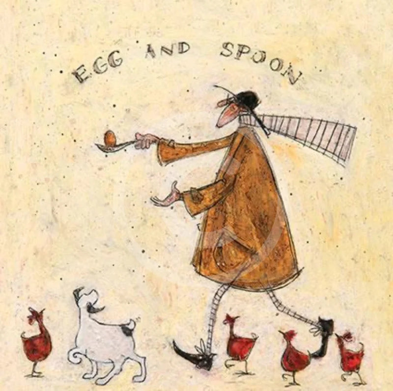 Meet the Mustards: Egg and Spoon by Sam Toft, mounted miniature print. A fun picture of a man having an egg and spoon race whilst four hens nervously keep watch with a black a white dog keeping a watchful eye too. 