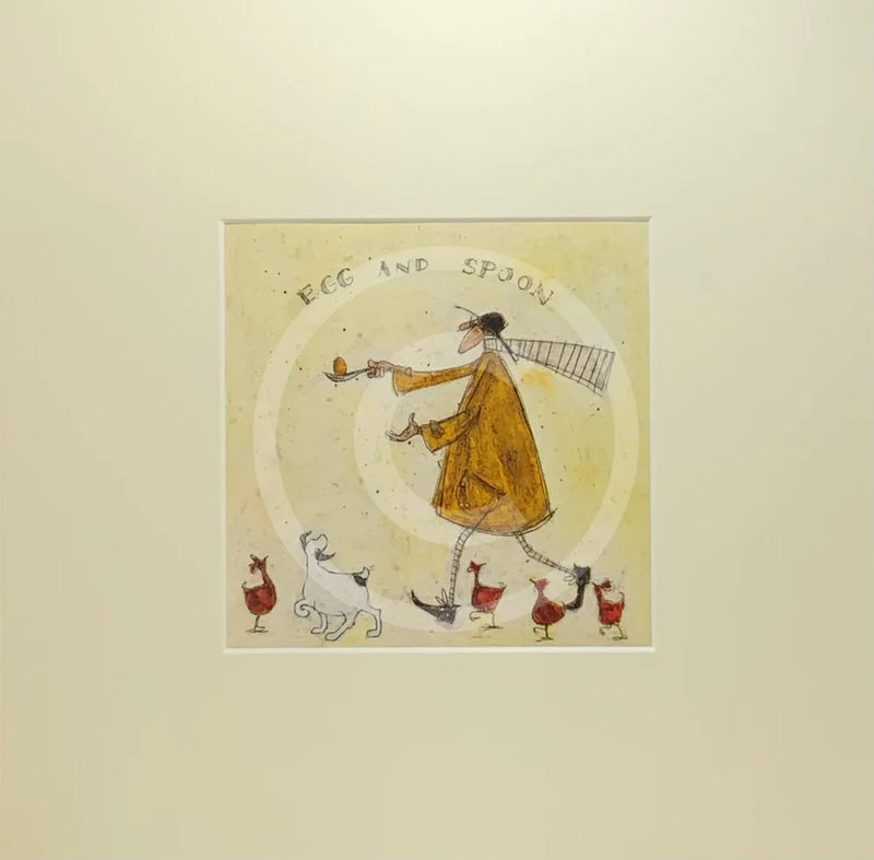 Meet the Mustards: Egg and Spoon by Sam Toft, mounted miniature print. A fun picture of a man having an egg and spoon race whilst four hens nervously keep watch with a black a white dog keeping a watchful eye too. 