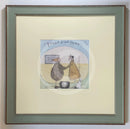 Meet the Mustards: Feels Like Home by Sam Toft, mounted miniature print. A nostalgic picture of an elderly couple holding hands outside their vintage caravan with a little black and white dog. Framed in Nordic Blue.