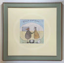 Meet the Mustards: Feels Like Home by Sam Toft, mounted miniature print. A nostalgic picture of an elderly couple holding hands outside their vintage caravan with a little black and white dog. Framed in Nordic Blue.