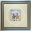 Meet the Mustards: Feels Like Home by Sam Toft, mounted miniature print. A nostalgic picture of an elderly couple holding hands outside their vintage caravan with a little black and white dog. Framed in Nordic Blue.