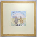 Meet the Mustards: Feels Like Home by Sam Toft, mounted miniature print. A nostalgic picture of an elderly couple holding hands outside their vintage caravan with a little black and white dog. Framed in oak.