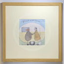 Meet the Mustards: Feels Like Home by Sam Toft, mounted miniature print. A nostalgic picture of an elderly couple holding hands outside their vintage caravan with a little black and white dog. Framed in oak.