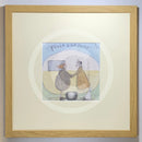 Meet the Mustards: Feels Like Home by Sam Toft, mounted miniature print. A nostalgic picture of an elderly couple holding hands outside their vintage caravan with a little black and white dog. Framed in oak.