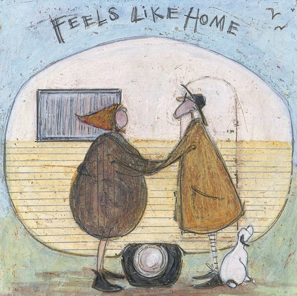 Meet the Mustards: Feels Like Home by Sam Toft, mounted miniature print. A nostalgic picture of an elderly couple holding hands outside their vintage caravan with a little black and white dog.