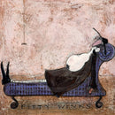 Meet the Mustards: Fifty Winks by Sam Toft, mounted miniature print. A fun print of a man laid down on a chaise longue having a nap with his dog.