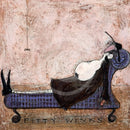 Meet the Mustards: Fifty Winks by Sam Toft, mounted miniature print. A fun print of a man laid down on a chaise longue having a nap with his dog.