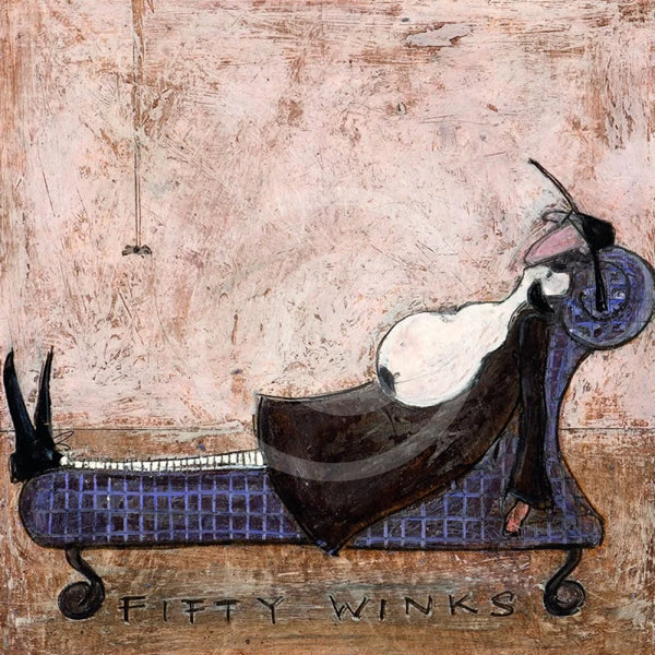 Meet the Mustards: Fifty Winks by Sam Toft, mounted miniature print. A fun print of a man laid down on a chaise longue having a nap with his dog.