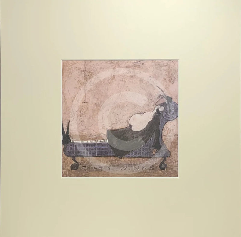 Meet the Mustards: Fifty Winks by Sam Toft, mounted miniature print. A fun print of a man laid down on a chaise longue having a nap with his dog.