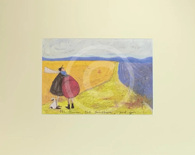 Meet the Mustards: The Flowers, The Sunshine and You by Sam Toft, mounted miniature Print. A couple gazing into a field full of flowers with their black and white dog.