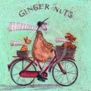 Meet the Mustards: Ginger Nuts by Sam Toft, mounted miniature print. A fun print of a man riding his bicycle with a ginger coloured dog riding in the basket at the front and a striped ginger cat riding on the back. 