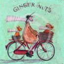 Meet the Mustards: Ginger Nuts by Sam Toft, mounted miniature print. A fun print of a man riding his bicycle with a ginger coloured dog riding in the basket at the front and a striped ginger cat riding on the back. 