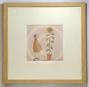 Meet the Mustards: Good Day Sunshine by Sam Toft, mounted miniature print. A fun print of a man stood admiring his large tall sunflower. Framed in oak.
