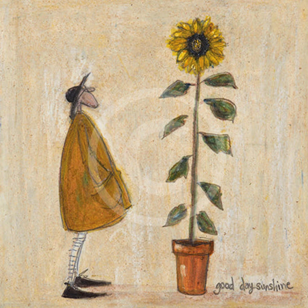 Meet the Mustards: Good Day Sunshine by Sam Toft, mounted miniature print. A fun print of a man stood admiring his large tall sunflower. 