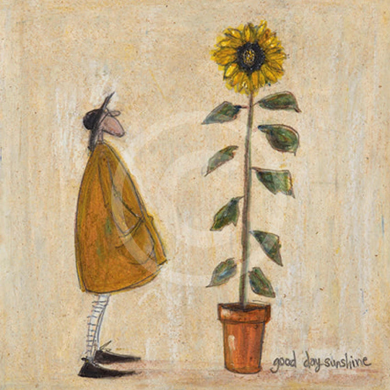 Meet the Mustards: Good Day Sunshine by Sam Toft, mounted miniature print. A fun print of a man stood admiring his large tall sunflower. 