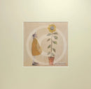 Meet the Mustards: Good Day Sunshine by Sam Toft, mounted miniature print. A fun print of a man stood admiring his large tall sunflower. 