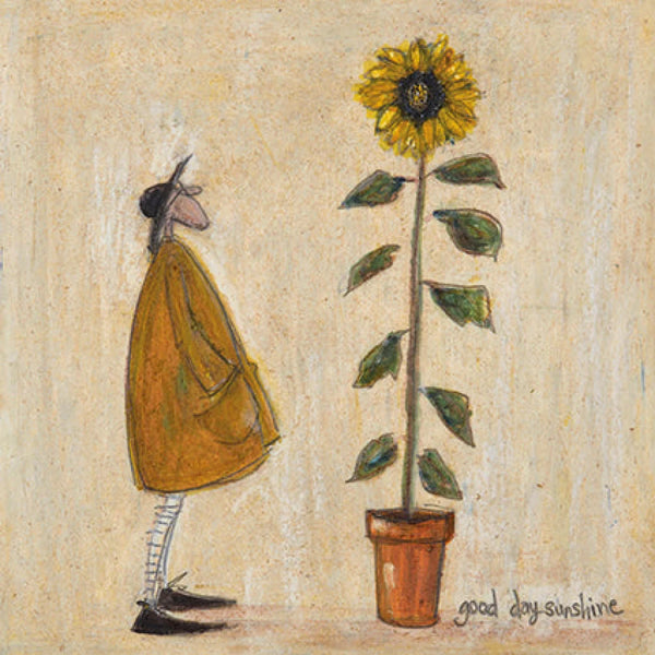 Meet the Mustards: Good Day Sunshine by Sam Toft, mounted miniature print. A fun print of a man stood admiring his large tall sunflower. 