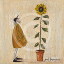 Meet the Mustards: Good Day Sunshine by Sam Toft, mounted miniature print. A fun print of a man stood admiring his large tall sunflower. 