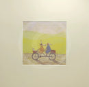 Meet the Mustards: Grand Day Out by Sam Toft, mounted miniature print. A fun picture of a couple on a tandem with a dog in the front basket, a duck on the man’s head with the lady holding a fish bowl. 