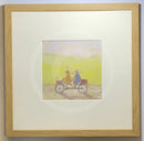 Meet the Mustards: Grand Day Out by Sam Toft, mounted miniature print. A fun picture of a couple on a tandem with a dog in the front basket, a duck on the man’s head with the lady holding a fish bowl. Framed in oak.