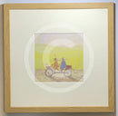 Meet the Mustards: Grand Day Out by Sam Toft, mounted miniature print. A fun picture of a couple on a tandem with a dog in the front basket, a duck on the man’s head with the lady holding a fish bowl. Framed in oak.