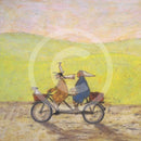 Meet the Mustards: Grand Day Out by Sam Toft, mounted miniature print. A fun picture of a couple on a tandem with a dog in the front basket, a duck on the man’s head with the lady holding a fish bowl. 