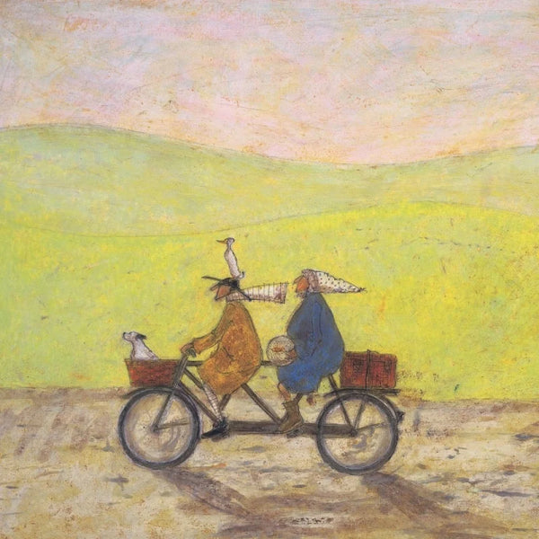 Meet the Mustards: Grand Day Out by Sam Toft, mounted miniature print. A fun picture of a couple on a tandem with a dog in the front basket, a duck on the man’s head with the lady holding a fish bowl. 