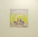 Meet the Mustards: Grand Day Out by Sam Toft, mounted miniature print. A fun picture of a couple on a tandem with a dog in the front basket, a duck on the man’s head with the lady holding a fish bowl. 