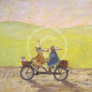 Meet the Mustards: Grand Day Out by Sam Toft, mounted miniature print. A fun picture of a couple on a tandem with a dog in the front basket, a duck on the man’s head with the lady holding a fish bowl. 