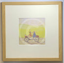 Meet the Mustards: Grand Day Out by Sam Toft, mounted miniature print. A fun picture of a couple on a tandem with a dog in the front basket, a duck on the man’s head with the lady holding a fish bowl. Framed in oak.