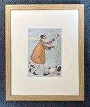 Meet the Mustards: Happy Days Are Here Again by Sam Toft, mounted miniature. A fun picture of a man juggling whilst he black and white dog carries his juggling balls. Framed in Oak