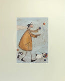 Meet the Mustards: Happy Days Are Here Again by Sam Toft, mounted miniature. A fun picture of a man juggling whilst he black and white dog carries his juggling balls.